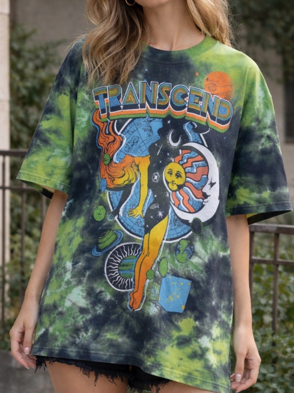 Urban Outfitters Transcend Tie-Dye Graphic Tee in Green, Black, Orange, Blue